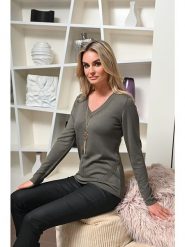 Bleu d'Azur Sweter "Belva" w kolorze oliwkowym rozmiar: 32/34. Zielone swetry Bleu d'Azur, w ażurowe wzory, z bawełny, klasyczne, bez ramiączek. Za 75.34 zł.