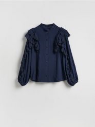 Koszula z falbanami - granatowy. Niebieskie koszule Reserved, l, bez wzorów, z tkaniny, bez kołnierzyka, bez ramiączek. Za 139.99 zł.