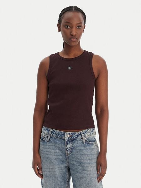 Calvin Klein Jeans Top LV047C201G Brązowy Slim Fit. Brązowe topy Calvin Klein Jeans, xs, bez wzorów, z bawełny, bez kołnierzyka, bez ramiączek. Za 96.99 zł.