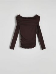 Bluzka z odkrytymi ramionami - ciemnobrązowy. Brązowe bluzki Reserved, l, bez wzorów, z dzianiny, bez kołnierzyka, bez ramiączek. W wyprzedaży za 49.99 zł.