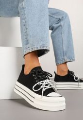 Czarne Trampki na Platformie z Podwójnymi Sznurówkami Tasmio. Czarne trampki Renee, bez wzorów, eleganckie, bez zapięcia. W wyprzedaży za 69.99 zł.