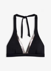 Biustonosz bikini z ramiączkami łączonymi na szyi. Czarne bikini bonprix, bez wzorów. Za 79.99 zł.