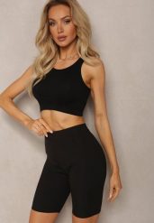 Czarne Sportowe Szorty Kolarki Prążkowane High Waist Steiama. Czarne szorty sportowe Renee, bez wzorów, z materiału, z podwyższonym stanem, do biegania. W wyprzedaży za 27.99 zł.