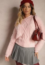 Różowy Sweter z Wełną o Fakturze Imitującej Pióra z Ozdobną Wstawką o Wzorzystym Splocie Mirirra. Czerwone swetry Renee, bez wzorów, z wełny, casualowe, bez ramiączek. Za 54.99 zł.
