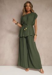 Ciemnozielony Komplet Spodnie o Szerokim Kroju i Bluzka z Usztywnioną Linią Ramion Nilamira. Brązowe bluzki Renee, m, bez wzorów, eleganckie, bez kołnierzyka, bez ramiączek. W wyprzedaży za 143.99 zł.