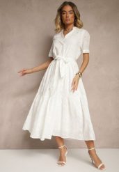 Biała Rozkloszowana Sukienka Koszulowa w Stylu Boho z Haftowanej Tkaniny Rosadwena. Białe sukienki Renee, na co dzień, l, bez wzorów, z tkaniny, boho, bez kołnierzyka, bez ramiączek, maxi, koszulowe. W wyprzedaży za 151.99 zł.