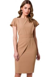 Elegancka ołówkowa sukienka z paskiem krótki rękaw beżowa. Brązowe sukienki Sukienki.shop, xl, bez wzorów, eleganckie, bez kołnierzyka, bez ramiączek, mini, ołówkowe. Za 329.00 zł.