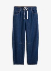 Lekkie jeansy barrel ze średnim stanem, o skróconej długości. Niebieskie jeansy bonprix, bez wzorów, z jeansu. Za 124.99 zł.
