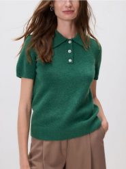 Sweter z kołnierzykiem polo - morski. Zielone swetry Reserved, l, bez wzorów, z dzianiny, bez ramiączek. W wyprzedaży za 79.99 zł.