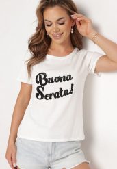 Biały Bawełniany T-shirt z Ozdobnym Napisem z Cyrkonii Tiavalia. Białe t-shirty Born2be, l, bez wzorów, z bawełny, eleganckie, bez kołnierzyka, bez ramiączek. Za 49.99 zł.