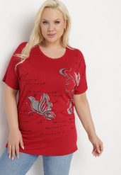 Bordowy T-shirt Ozdobiony Cyrkoniami i Nadrukiem Wallilena. Czerwone t-shirty Born2be, xl, bez wzorów, bez kołnierzyka, bez ramiączek. Za 59.99 zł.