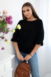 Sweter z falbanką na rękawie czarny. Czarne swetry KESI, l, bez wzorów, z nylonu, eleganckie, plus size, bez ramiączek. Za 175.65 zł.