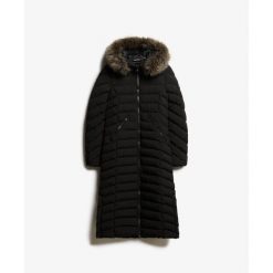 Długa kurtka z kapturem z sztucznego futra dla kobiet Superdry Fuji. Czarne kurtki Superdry, na zimę, l, z aplikacjami, z puchu, eleganckie, z kapturem. Za 571.00 zł.
