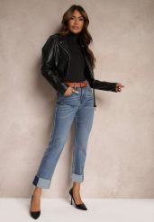 Niebieskie Jeansy z Bawełną Ozdobione Paskiem Przetarciami i Wywiniętymi Nogawkami Rilonne. Niebieskie jeansy Renee, s, bez wzorów, z bawełny, eleganckie. W wyprzedaży za 111.99 zł.
