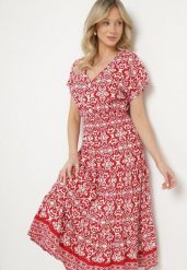Czerwona Bawełniana Sukienka Rozkloszowana we Wzór Paisley Lanadira. Czerwone sukienki Born2be, l, bez wzorów, z bawełny, boho, bez kołnierzyka, bez ramiączek, midi, rozkloszowane. W wyprzedaży za 38.24 zł.
