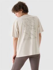 4F T-shirt oversize z nadrukiem damski - beżowy M. Brązowe t-shirty 4f, m, bez wzorów, z bawełny, klasyczne, bez kołnierzyka, bez ramiączek. W wyprzedaży za 29.99 zł.