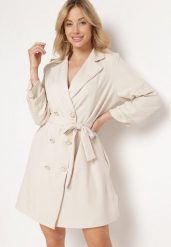 Beżowa Elegancka Sukienka Dwurzędowa w Stylu Marynarki z Materiałowym Paskiem i Marszczonymi Rękawami Weira. Brązowe sukienki Born2be, do pracy, l, bez wzorów, z materiału, biznesowe, bez kołnierzyka, bez ramiączek, mini. W wyprzedaży za 144.49 zł.