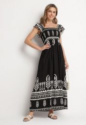 Czarna Sukienka z Wiskozy o Rozkloszowanym Kroju w Ornamentalny Wzór Lisolira. Czarne sukienki Born2be, na co dzień, l, bez wzorów, z wiskozy, eleganckie, bez kołnierzyka, bez ramiączek, maxi, rozkloszowane. Za 99.99 zł.