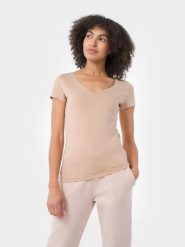 4F T-shirt slim gładki damski M. Brązowe t-shirty 4f, m, bez wzorów, z bawełny, bez kołnierzyka, bez ramiączek. W wyprzedaży za 39.99 zł.
