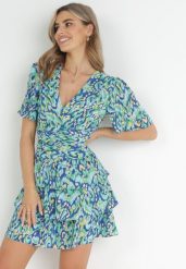 Niebieska Sukienka Mini z Gumkami w Pasie i Falbankami Tarria. Niebieskie sukienki Born2be, l, bez wzorów, bez kołnierzyka, bez ramiączek, mini. W wyprzedaży za 127.49 zł.