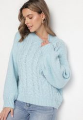 Niebieski Sweter z Wełną Zdobiony Warkoczowym Splotem Lakkaria. Niebieskie swetry Born2be, z aplikacjami, z jeansu, eleganckie, bez ramiączek. W wyprzedaży za 144.49 zł.