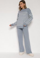 Niebieski Komplet z Wełną i Bawełną Sweter w Paski i Szerokie Spodnie Neveena. Niebieskie swetry Born2be, l, bez wzorów, z bawełny, eleganckie, bez ramiączek. Za 139.99 zł.