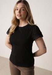 Czarny Bawełniany T-shirt z Koronkowymi Rękawami Carilynore. Czarne t-shirty Born2be, m, bez wzorów, z bawełny, eleganckie, bez kołnierzyka, bez ramiączek. Za 59.99 zł.