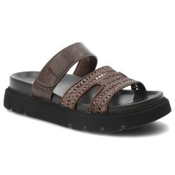 Klapki damskie Tamaris, cholewka ze skóry ekologicznej i materiału tekstylnego plecionego z szerokimi paskami zapinane na rzep, brązowe, 1-27422-46 3. Brązowe klapki Tamaris, bez wzorów, ze skóry ekologicznej, wakacyjne, bez obcasa, bez zapięcia. Za 249.00 zł.