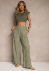 Zielone Bawełniane Haftowane Spodnie High Waist o Szerokim Kroju Milirelia. Zielone jeansy Renee, z aplikacjami, z bawełny, z podwyższonym stanem. W wyprzedaży za 99.99 zł.