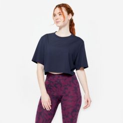 Koszulka damska Domyos Gym & Pilates crop top. Niebieskie topy NYAMBA, xl, bez wzorów, z bawełny, sportowe, bez kołnierzyka, bez ramiączek. Za 49.99 zł.
