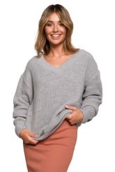 Klasyczny Sweter z Dekoltem w Szpic - Szary. Szare swetry MOE, l, bez wzorów, z materiału, klasyczne, bez ramiączek. Za 208.90 zł.
