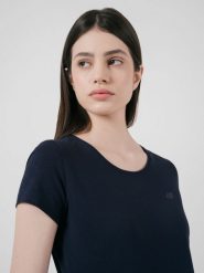 4F T-shirt slim gładki damski S. Niebieskie t-shirty sportowe 4f, l, bez wzorów, z bawełny, bez ramiączek, na fitness i siłownię. W wyprzedaży za 39.99 zł.