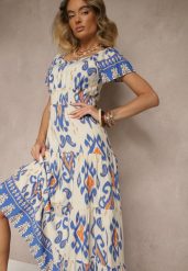 Niebieska Sukienka z Wiskozy Ozdobiona Geometrycznym Motywem Clevessa. Niebieskie sukienki Renee, do pracy, l, bez wzorów, z wiskozy, biznesowe, bez kołnierzyka, bez ramiączek, maxi. Za 69.99 zł.