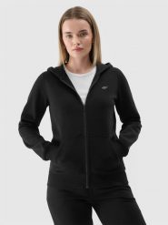 4F Bluza dresowa rozpinana z kapturem damska - czarna S. Czarne bluzy 4f, s, bez wzorów, z bawełny, sportowe, bez ramiączek, z kapturem. Za 159.99 zł.