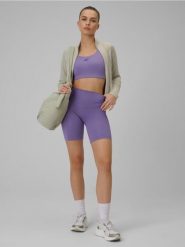 Legginsy krótkie treningowe z wysokim stanem bezszwowe damskie. Fioletowe legginsy sportowe 4f, na lato, l, bez wzorów, z dzianiny, z podwyższonym stanem, do biegania. Za 99.99 zł.