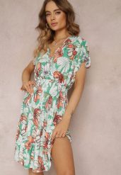 Zielona Rozkloszowana Sukienka Midi w Kwiaty z Gumką w Talii Athesine. Zielone sukienki Renee, l, bez wzorów, bez kołnierzyka, bez ramiączek, midi, kopertowe. Za 49.99 zł.