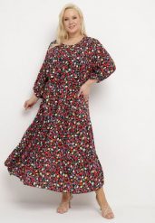 Czarno-Czerwona Wiskozowa Sukienka z Rękawami 3/4 w Kwiecisty Print Trestella. Czarne sukienki Born2be, xl, bez wzorów, z materiału, bez kołnierzyka, bez ramiączek, maxi. W wyprzedaży za 84.99 zł.