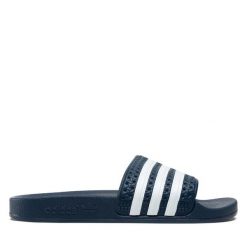 Klapki adidas. Niebieskie klapki adidas, bez wzorów, sportowe, bez obcasa, bez zapięcia. Za 149.99 zł.