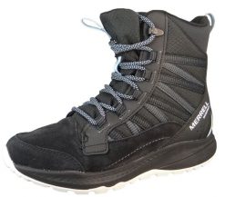 Buty do chodzenia damskie Merrell Bravada Edge 2 Thermo Mid Waterproof. Czarne buty treningowe Merrell, na zimę, bez wzorów, z materiału, za kostkę, bez zapięcia, trekkingowe. Za 499.99 zł.