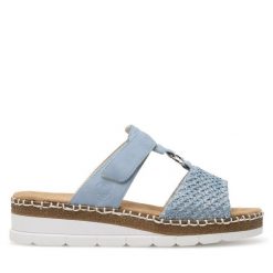 Klapki Rieker. Niebieskie klapki Rieker, bez wzorów, bez obcasa, bez zapięcia. Za 299.99 zł.