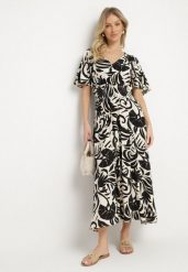Czarna Rozkloszowana Sukienka z Wiskozy w Roślinny Wzór Ridiata. Czarne sukienki Born2be, na co dzień, l, bez wzorów, z wiskozy, eleganckie, bez kołnierzyka, bez ramiączek, maxi, proste. W wyprzedaży za 59.49 zł.