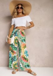 Zielone Wiskozowe Spodnie o Szerokim Kroju High Waist Tie Dye z Gumką w Talii Nalflea. Zielone jeansy Renee, na lato, bez wzorów, z jeansu, z podwyższonym stanem. W wyprzedaży za 29.99 zł.
