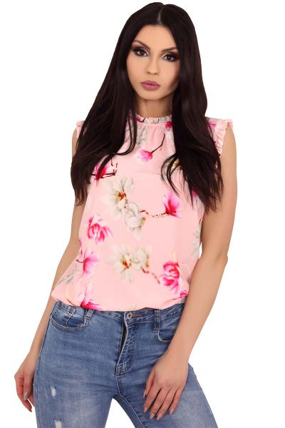 Różowa Letnia Bluzka z Kwiatowym Motywem z Falbankami. Czerwone bluzki Merribel, xxl, bez wzorów, z materiału, bez kołnierzyka, bez ramiączek. Za 92.90 zł.