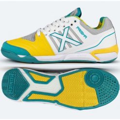 Buty piłkarskie Munich Prisma 37 In 3116038 biało-żółte białe. Białe buty treningowe bez wzorów, z gumy, bez zapięcia, do piłki nożnej. Za 640.91 zł.