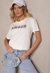 Biały Bawełniany T-shirt z Napisem z Cekinami Marivinna. Białe t-shirty Renee, m, bez wzorów, z bawełny, eleganckie, bez kołnierzyka, bez ramiączek. W wyprzedaży za 31.99 zł.