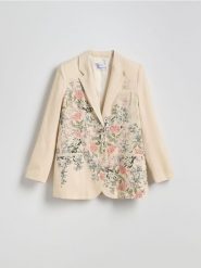 Marynarka oversize z dodatkiem lnu - złamana biel. Marynarki i żakiety Reserved, l, bez wzorów, z tkaniny, bez ramiączek. Za 259.99 zł.