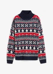 Sweter bożonarodzeniowy z golfem. Niebieskie swetry bonprix, bez wzorów, bez ramiączek. Za 109.99 zł.
