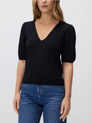 Bluzka z bufkami - czarny. Czarne bluzki Reserved, l, bez wzorów, z dzianiny, bez kołnierzyka, bez ramiączek. Za 109.99 zł.