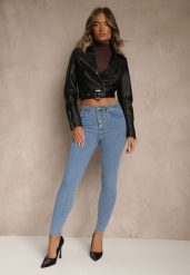Niebieskie Bawełniane Jeansy Skinny z Guzikami Hirgisse. Niebieskie jeansy Renee, l, bez wzorów, z bawełny, eleganckie, z podwyższonym stanem. Za 79.99 zł.