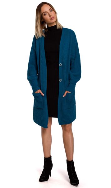 Prążkowany Kardigan z Naszytymi Kieszeniami - Morski. Zielone swetry MOE, l, bez wzorów, z materiału, bez ramiączek. Za 229.90 zł.